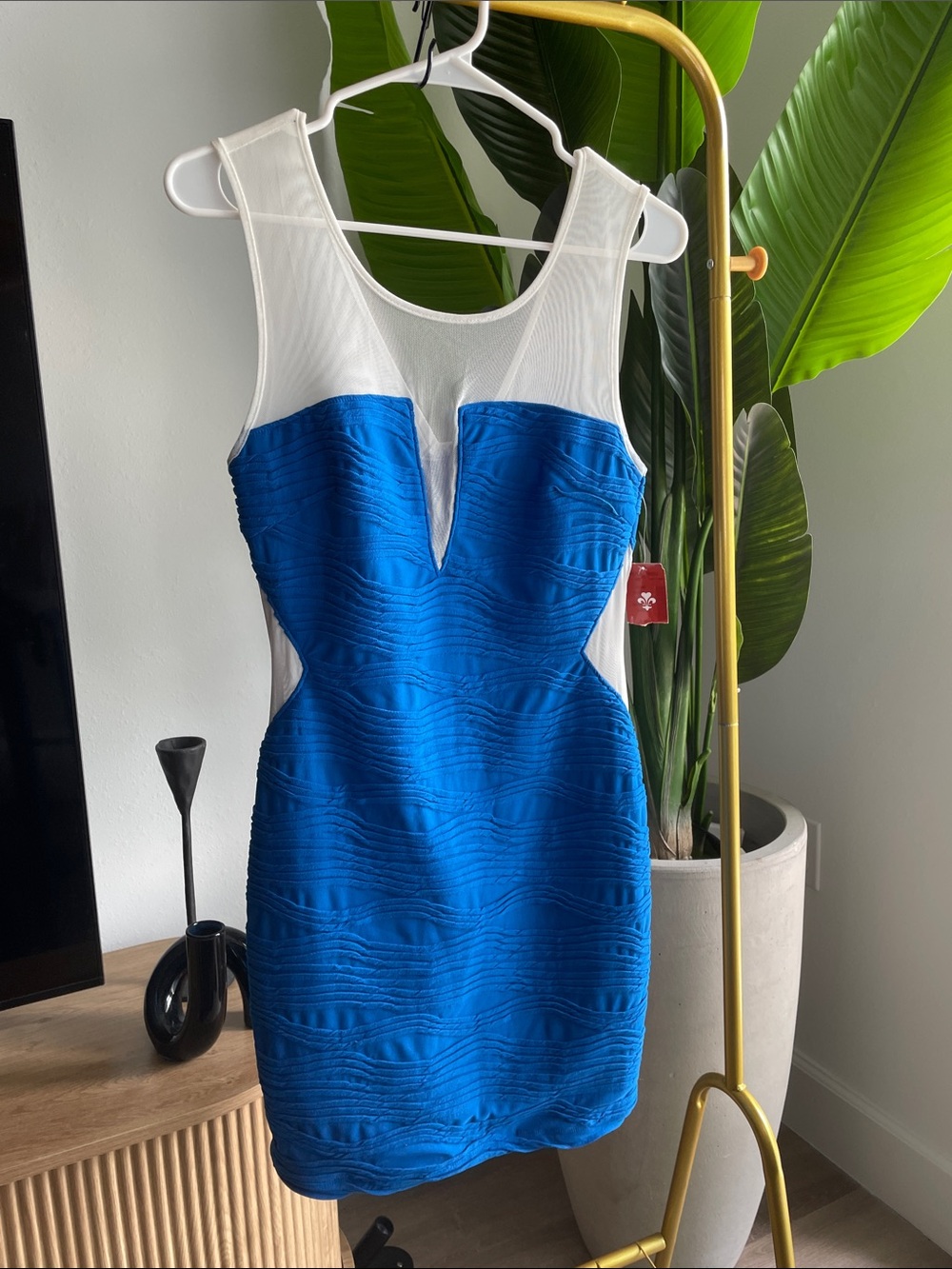 Love Culture Royal Blue and White Mesh Panel Bodycon Mini Dress
